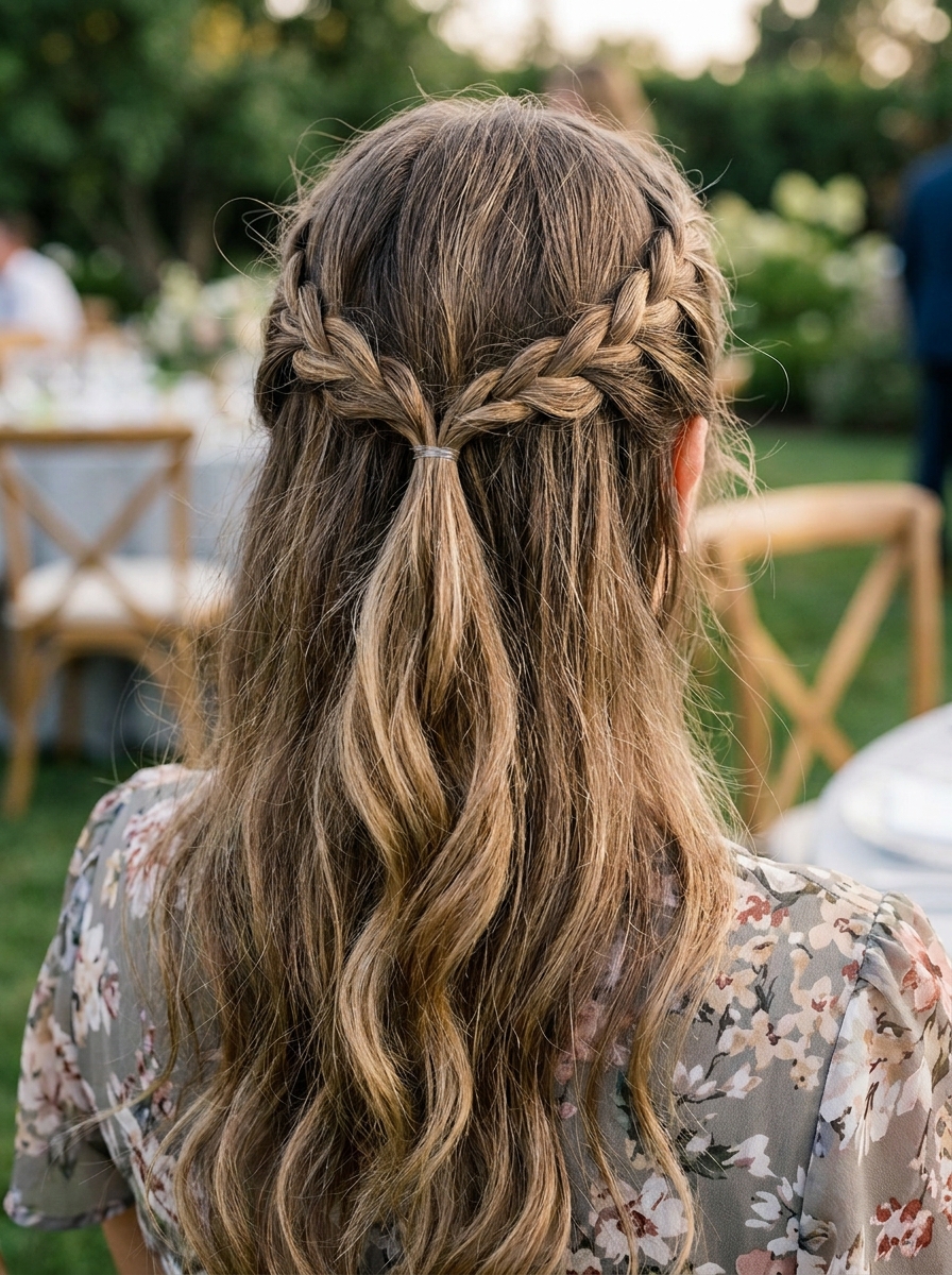 Geflochtener Half-Up Look als Frisuren für lange Haare als Hochzeitsgast Inspiration 2026